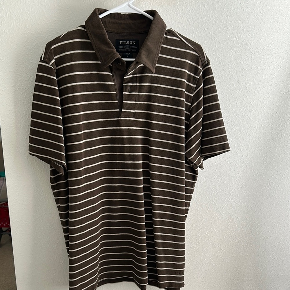 Filson Brown and White Striped Polo Shirt